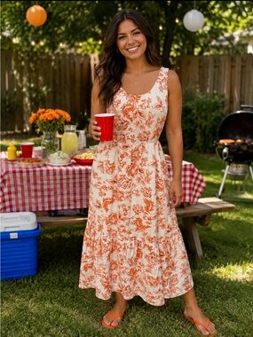 J. Jill Cream Maxi Dress with Orange Floral Motif
